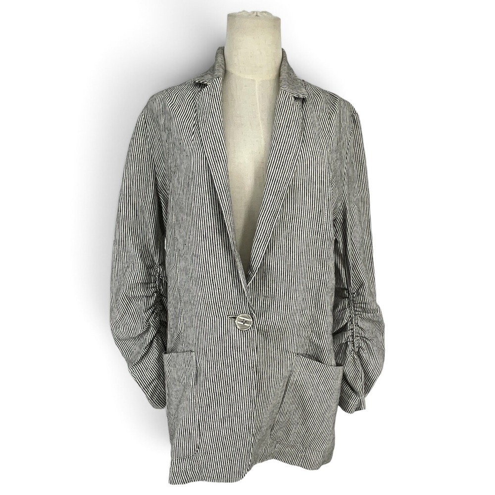 Max Studio Striped Linen Blend Ruched Sleeve Blazer Navy Blue White Size M
